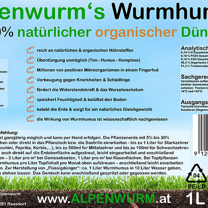 Worm humus / worm compost - 1L | Gift, sample bucket | 100% natural organic fertilizer