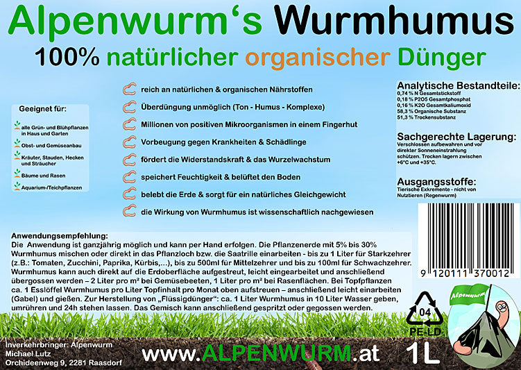 Worm humus / worm compost - 1L | Gift, sample bucket | 100% natural organic fertilizer
